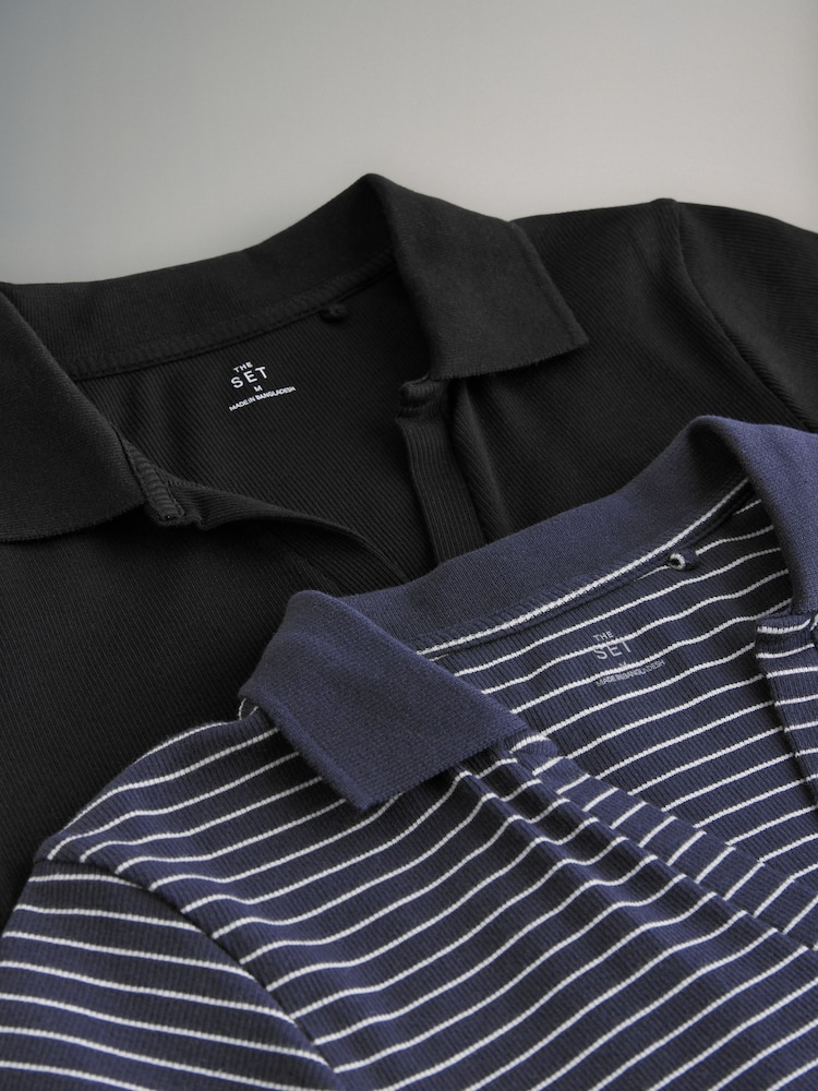 The Set Navy/Neutral Navy Stripe 2 Pack Ribbed Polo Neck Short Sleeved Midi Dress - Image 2 of 3