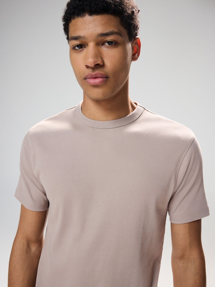 Песочно-бежевый - Ribbed Short Sleeve Crew T-Shirt - Image 1 of 8
