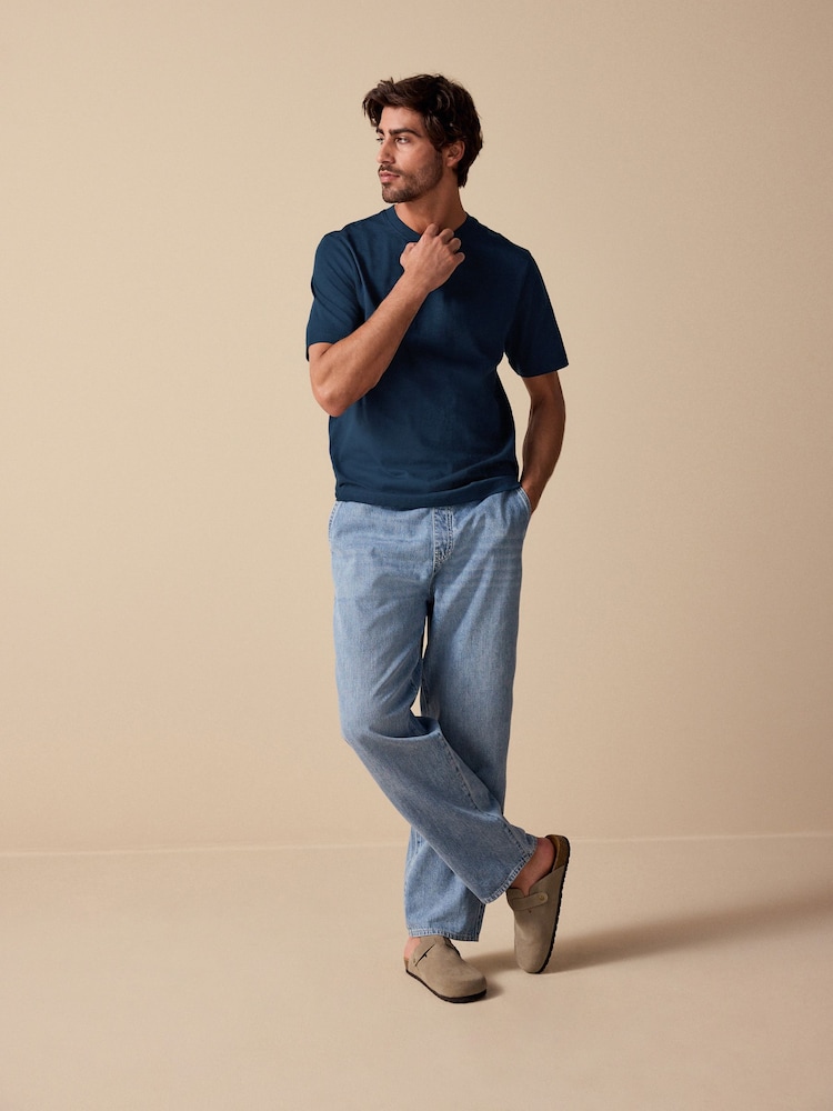 Navy Blue 100% Cotton Short Sleeve Slub T-Shirt - Image 2 of 8