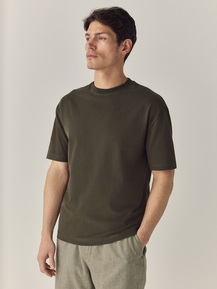 Khaki Green 100% Cotton Short Sleeve Slub T-Shirt - Image 1 of 7 Khaki Green 100% Cotton Short Sleeve Slub T-Shirt - Image 1 of 7