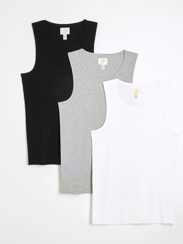 River Island Grey Marl Mixed Muscle fit Ribbed Vests 3 Pack - Image 1 of 5