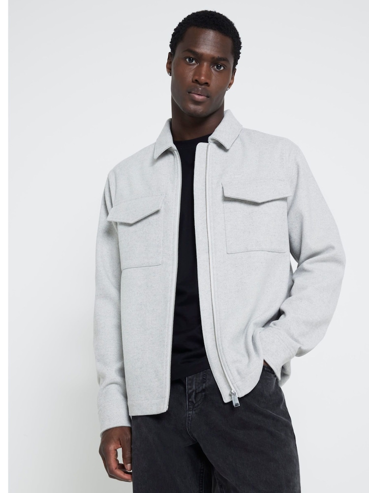 River Island Grey Plain Zipper Overshirt - Image 1 of 6