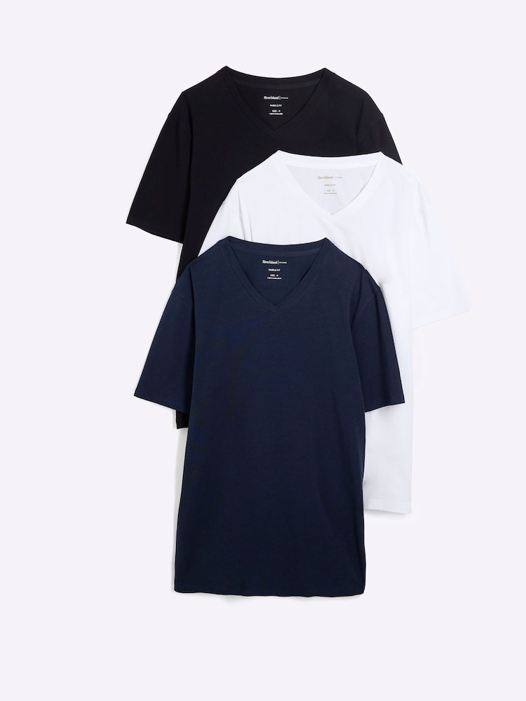 River Island Blue Muscle Fit V-Neck T-Shirts 3 Pack - Image 1 of 6