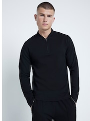 River Island Black Slim Fit Square Neck Pique 100% Cotton Polo Shirt - Image 1 of 6