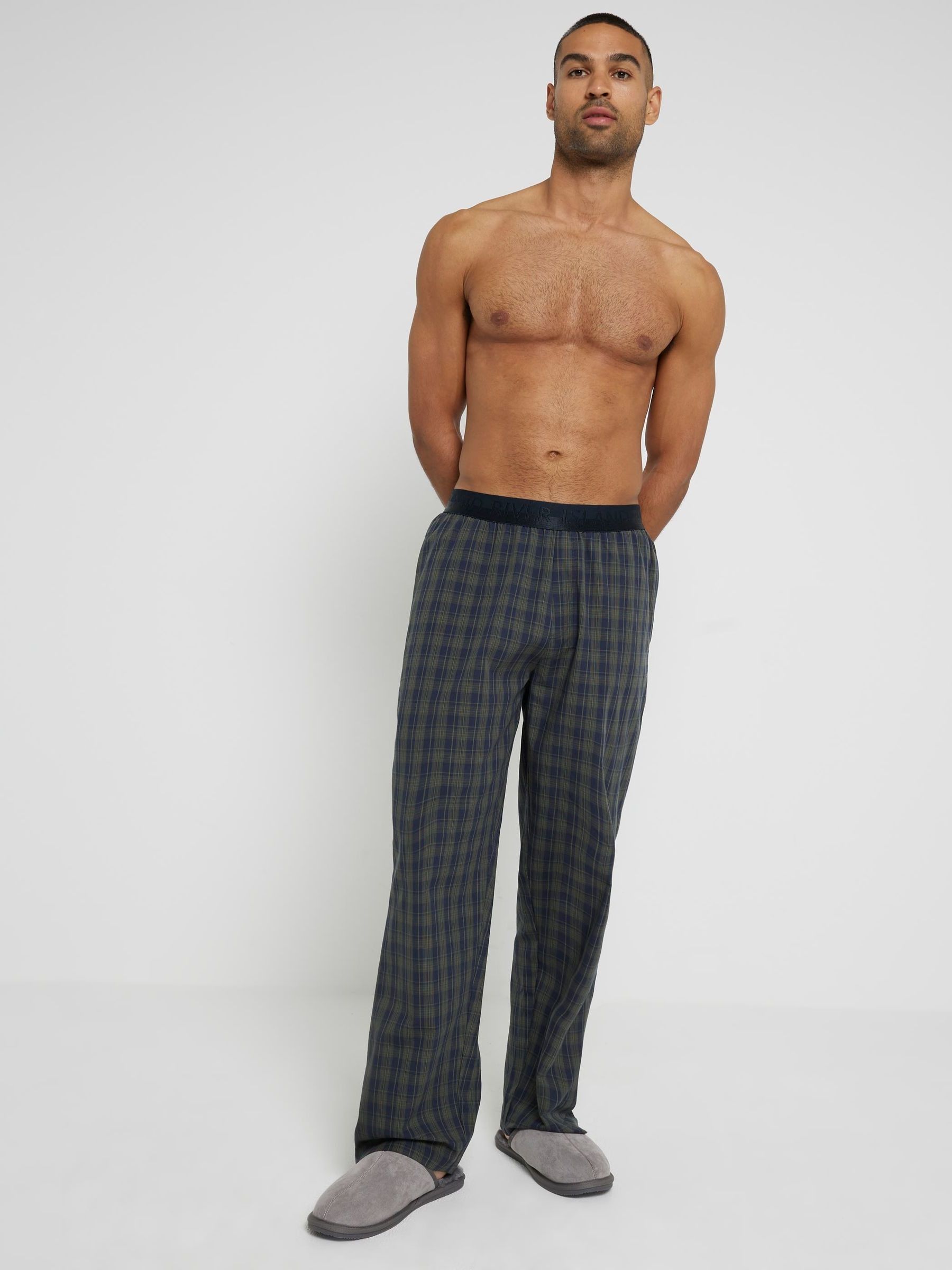 River Island Green Woven Check Pyjamas 100% Cotton Trousers - Image 1 of 4