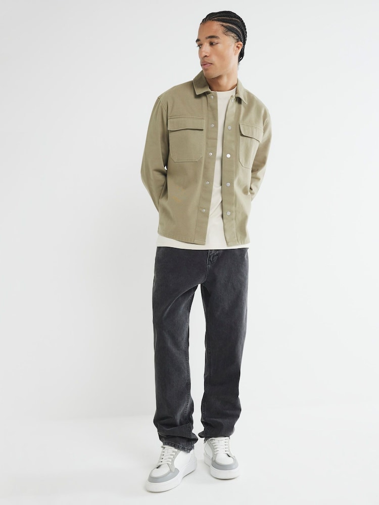 River Island Green Twill Snap 100% Cotton Overshirt - Image 1 of 5