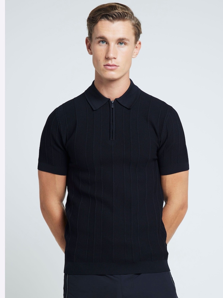 River Island Black Herringbone Muscle Fit Polo Shirt - Image 1 of 6