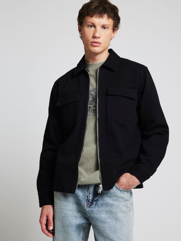 River Island Black Twill Zipper 100% Cotton Overshirt - Image 1 of 6 River Island Black Twill Zipper 100% Cotton Overshirt - Image 1 of 6