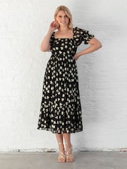 Lovedrobe Star Detail Puff Sleeve Midi Black Dress - Image 1 of 6