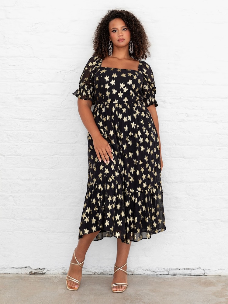Lovedrobe Star Detail Puff Sleeve Midi Black Dress - Изображение 1 из 6