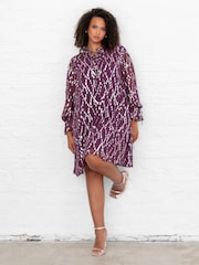 Lovedrobe Purple Metallic Dobby Frill Neck Swing Dress - Image 1 of 5