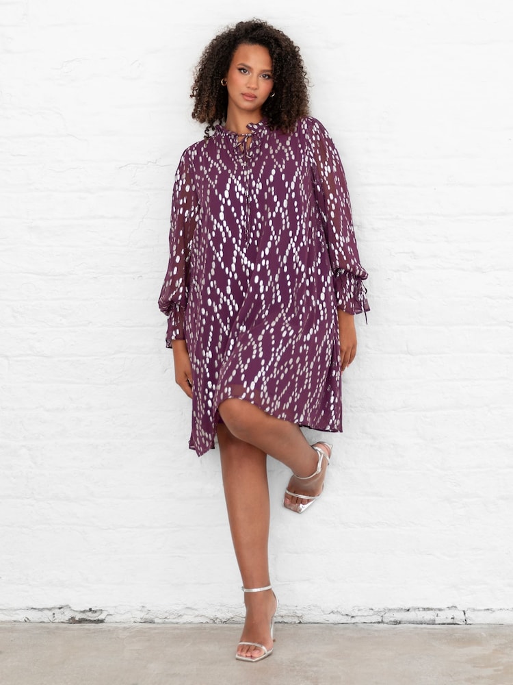 Lovedrobe Purple Metallic Dobby Frill Neck Swing Dress - Image 1 of 5 Lovedrobe Purple Metallic Dobby Frill Neck Swing Dress - Image 1 of 5
