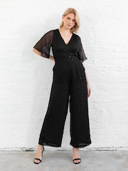 Lovedrobe Clip-Spot Black Jumpsuit With Waist Tie - Image 1 of 6