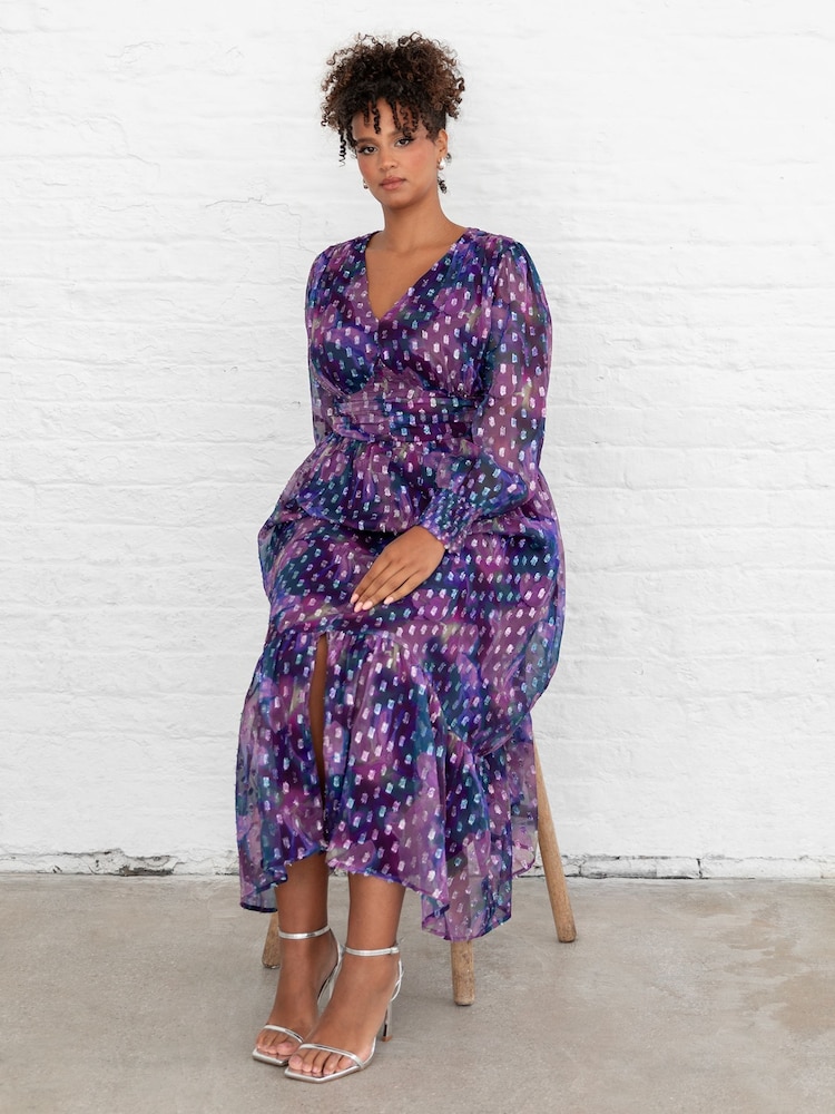Lovedrobe Purple Button Front Midaxi Dress With Metallic Dobby - Image 1 of 6