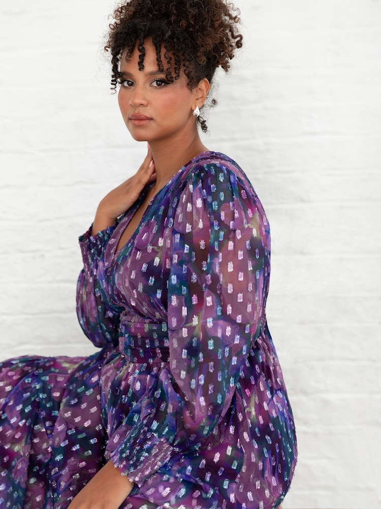 Lovedrobe Purple Button Front Midaxi Dress With Metallic Dobby - Image 6 of 6 Lovedrobe Purple Button Front Midaxi Dress With Metallic Dobby - Image 6 of 6