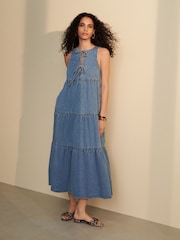 Mid Blue 100% Cotton Tie Front Smock Denim Dress - Image 1 of 8