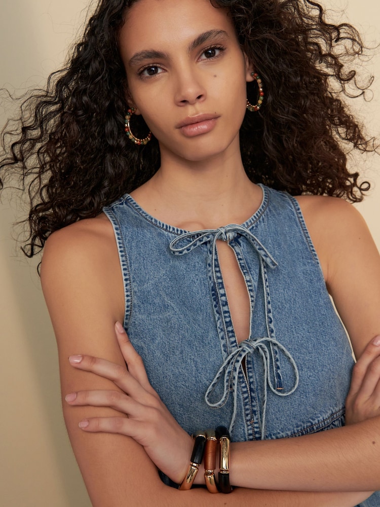 Mid Blue 100% Cotton Tie Front Smock Denim Dress - Image 3 of 8