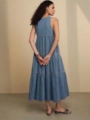 Mid Blue 100% Cotton Tie Front Smock Denim Dress - Image 4 of 8
