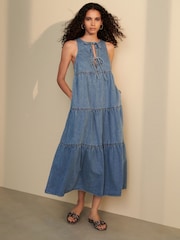 Mid Blue 100% Cotton Tie Front Smock Denim Dress - Image 5 of 8