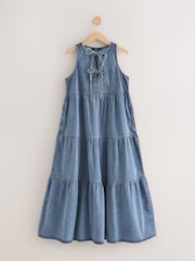 Mid Blue 100% Cotton Tie Front Smock Denim Dress - Image 6 of 8