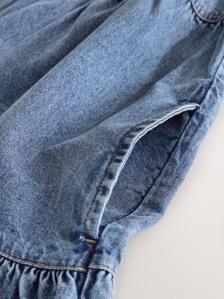 Mid Blue 100% Cotton Tie Front Smock Denim Dress - Image 8 of 8