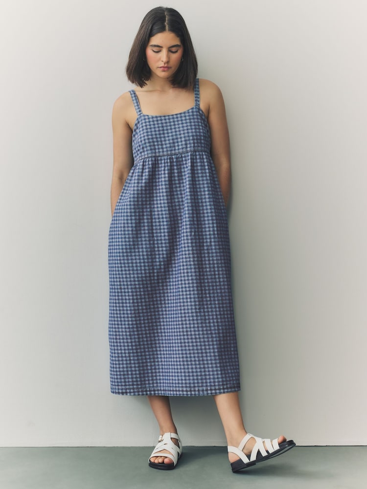 Blue Gingham Strappy Denim 100% Cotton Midi Dress - Image 1 of 9