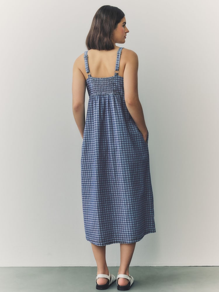 Blue Gingham Strappy Denim 100% Cotton Midi Dress - Image 2 of 9