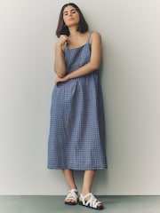 Blue Gingham Strappy Denim 100% Cotton Midi Dress - Image 3 of 9