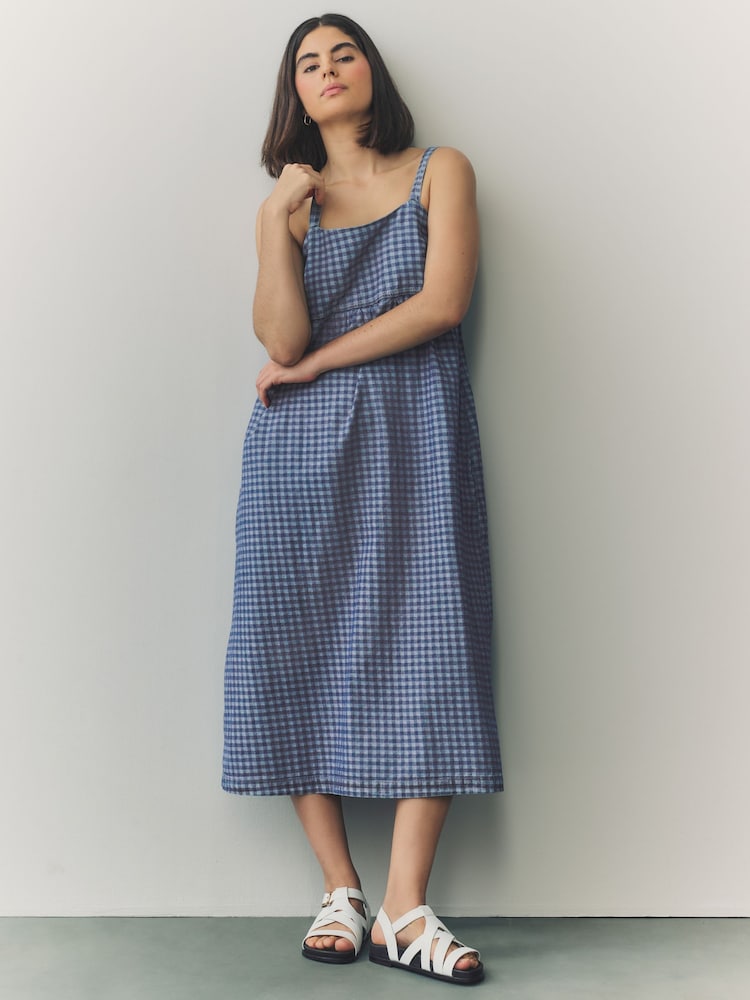 Vichy bleu - Denim mi-long en jean à bretelles 100% coton - Image 3 of 9
