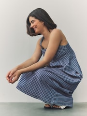 Blue Gingham Strappy Denim 100% Cotton Midi Dress - Image 4 of 9