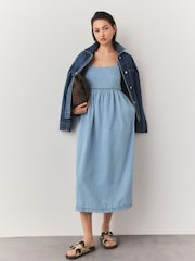 Mid Blue Strappy Denim 100% Cotton Midi Dress - Image 1 of 7