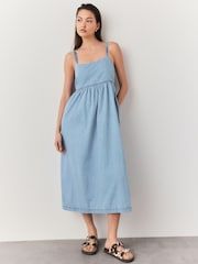 Mid Blue Strappy Denim 100% Cotton Midi Dress - Image 2 of 7