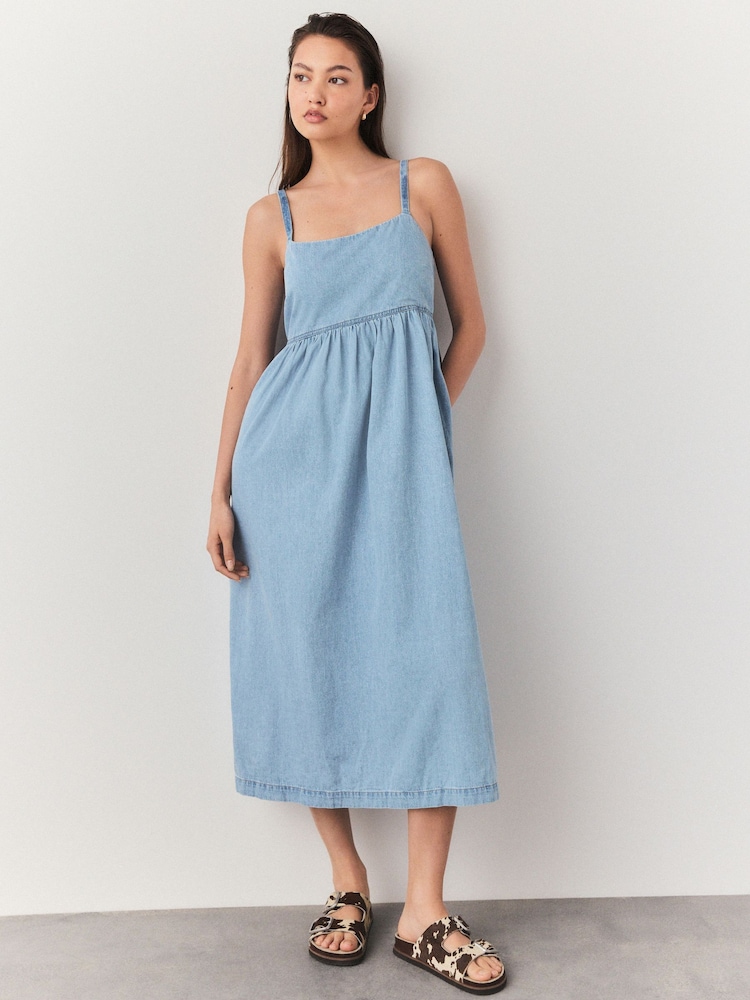 Mid Blue Strappy Denim 100% Cotton Midi Dress - Image 2 of 7