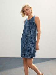 Dark Blue Gingham 100% Cotton Denim Racer Mini Dress - Image 1 of 7