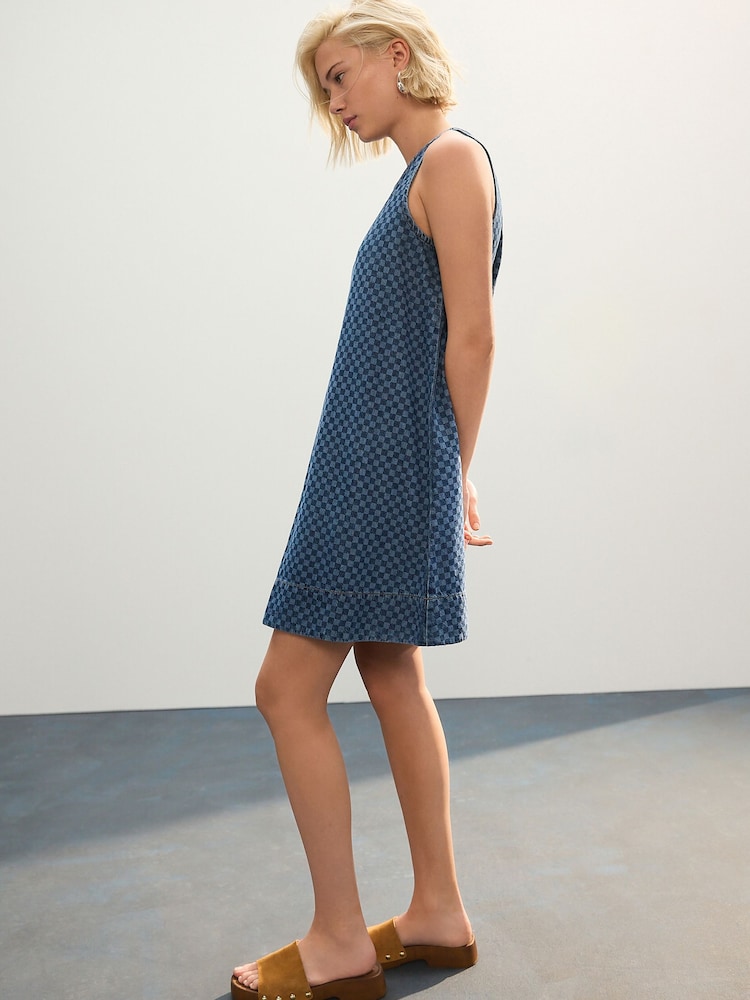 Dark Blue Gingham 100% Cotton Denim Racer Mini Dress - Image 2 of 7