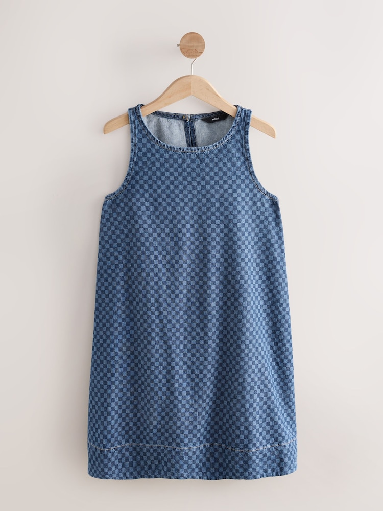 Dark Blue Gingham 100% Cotton Denim Racer Mini Dress - Image 5 of 7