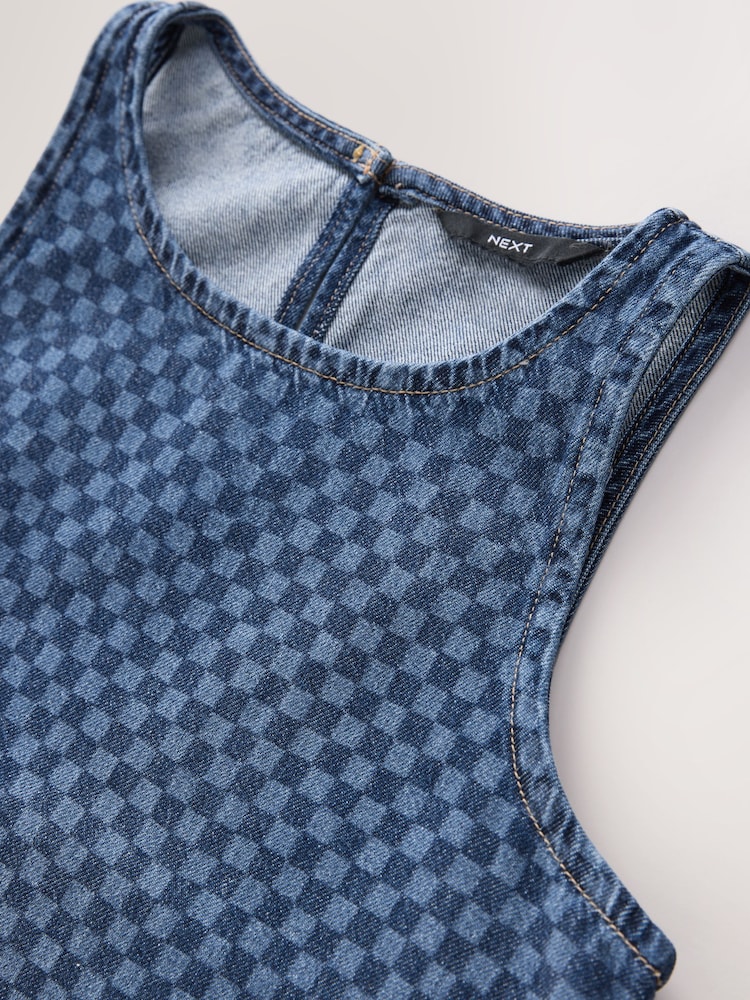 Dark Blue Gingham 100% Cotton Denim Racer Mini Dress - Image 6 of 7