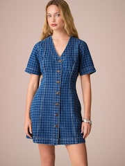 Blue Gingham V-Neck 100% Cotton Denim Dress - Image 1 of 7