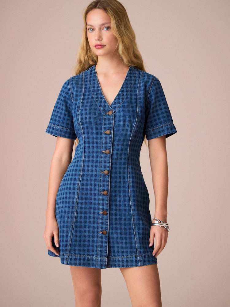 Blue Gingham V-Neck 100% Cotton Denim Dress - Image 1 of 7