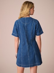 Blue Gingham V-Neck 100% Cotton Denim Dress - Image 2 of 7