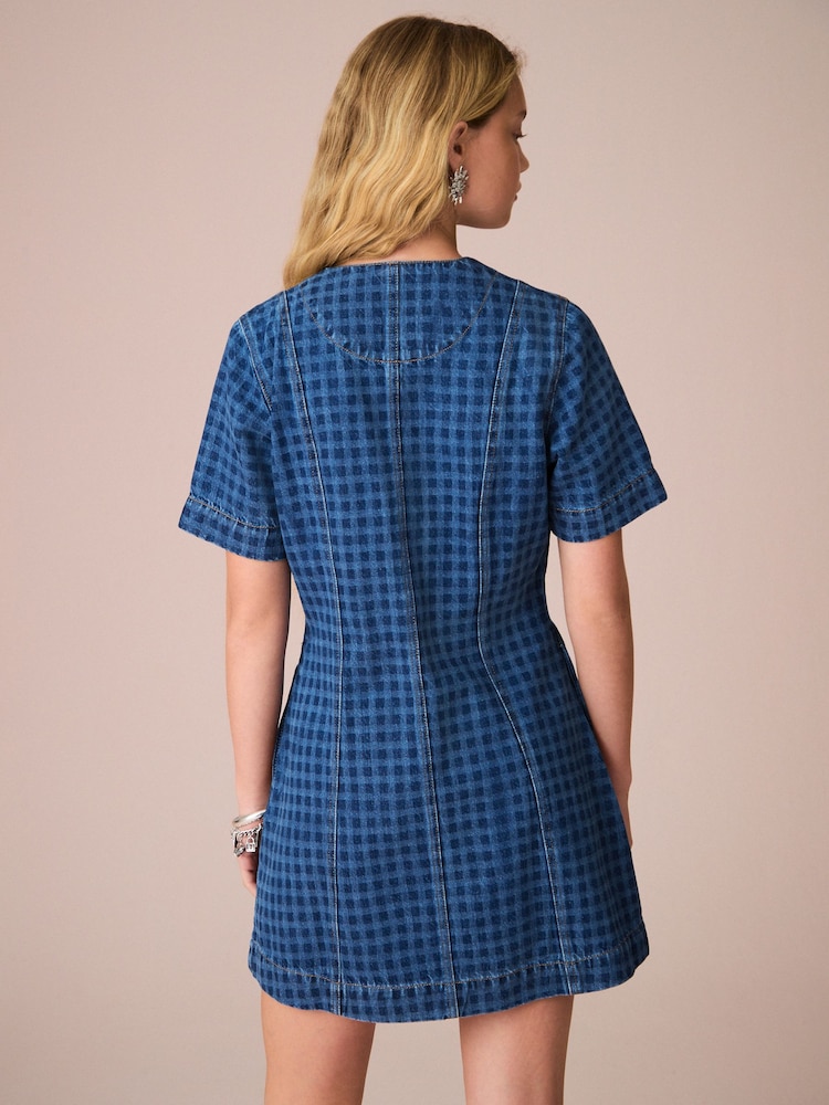 Blue Gingham V-Neck 100% Cotton Denim Dress - Image 2 of 7