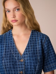 Blue Gingham V-Neck 100% Cotton Denim Dress - Image 3 of 7