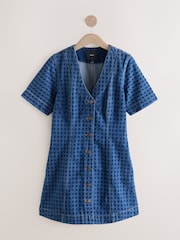 Blue Gingham V-Neck 100% Cotton Denim Dress - Image 5 of 7
