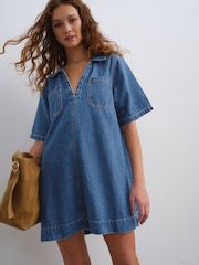 Mid Blue 100% Cotton Front Pocket Denim Mini Dress - Image 1 of 8