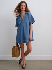 Mid Blue 100% Cotton Front Pocket Denim Mini Dress - Image 2 of 8