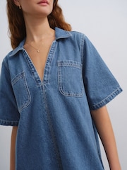 Mid Blue 100% Cotton Front Pocket Denim Mini Dress - Image 4 of 8