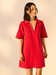 Red 100% Cotton Front Pocket Denim Mini Dress - Image 1 of 7