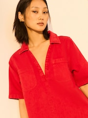 Red 100% Cotton Front Pocket Denim Mini Dress - Image 2 of 7