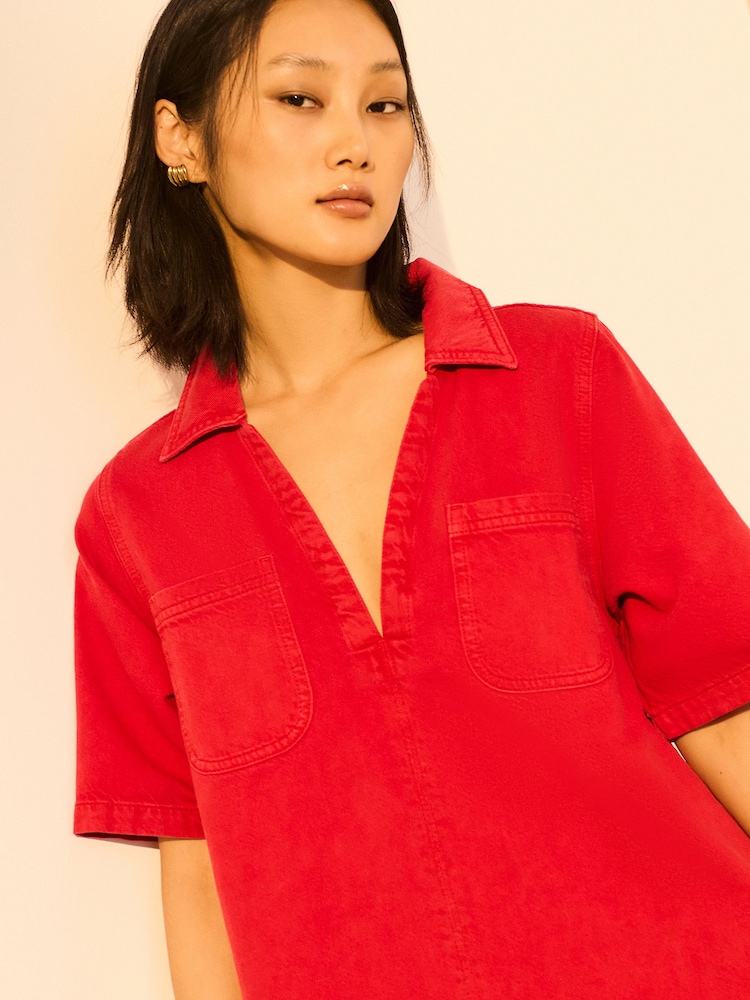 Red 100% Cotton Front Pocket Denim Mini Dress - Image 2 of 7