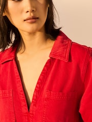 Red 100% Cotton Front Pocket Denim Mini Dress - Image 4 of 7